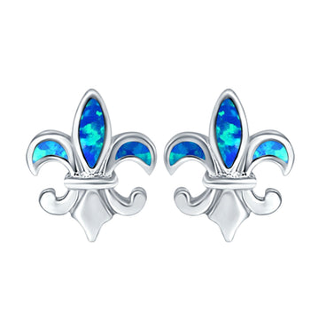 Fleur de lis Stud Earring Lab Created Blue Opal 925 Sterling Silver (16mm)